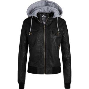 Wantdo Women Black-1 Motorcycle Short PU Faux Leather Jacket with Removable Hood